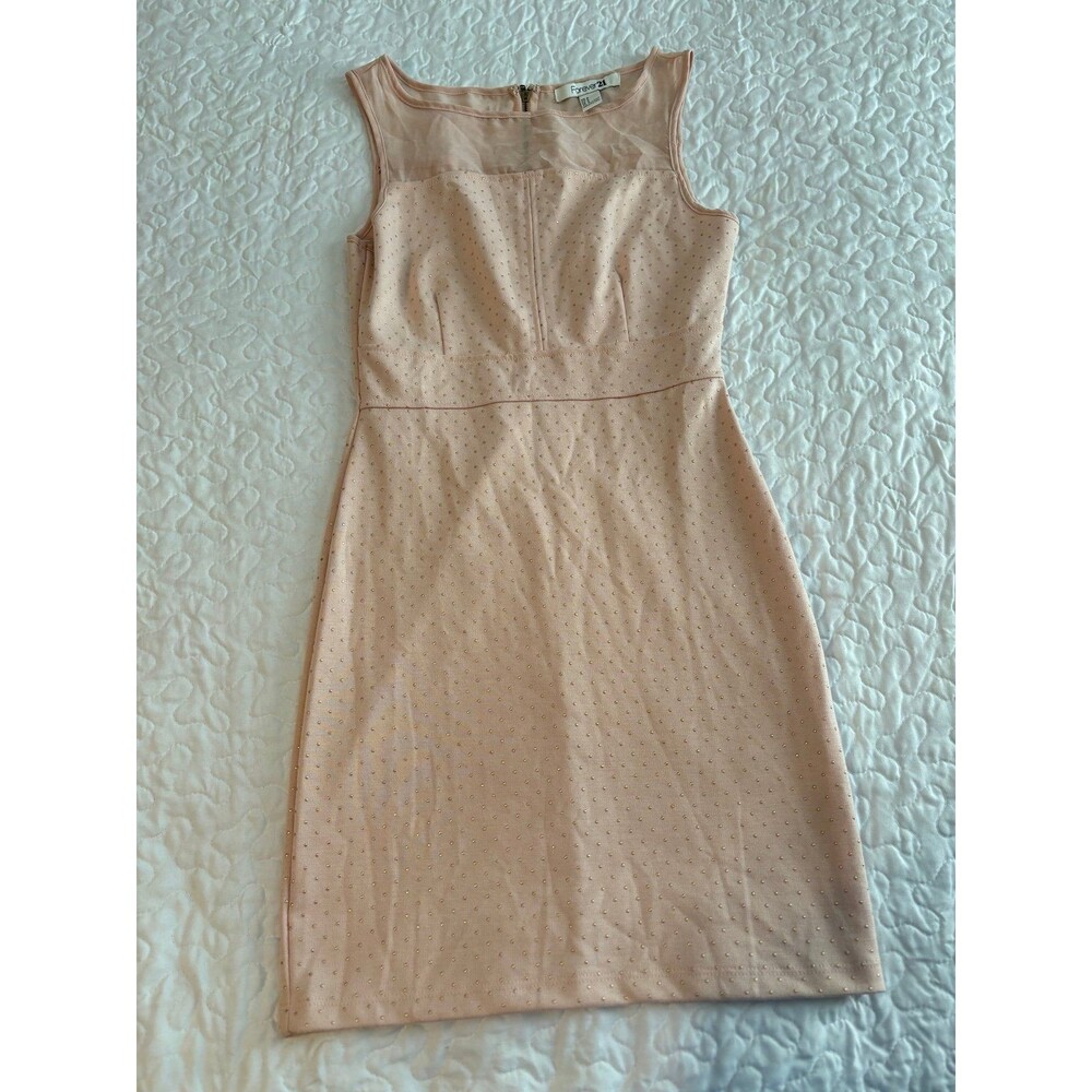 Forever 21 Blush Pink with Gold Dots Sleeveless Sheer Shoulder Dress size small